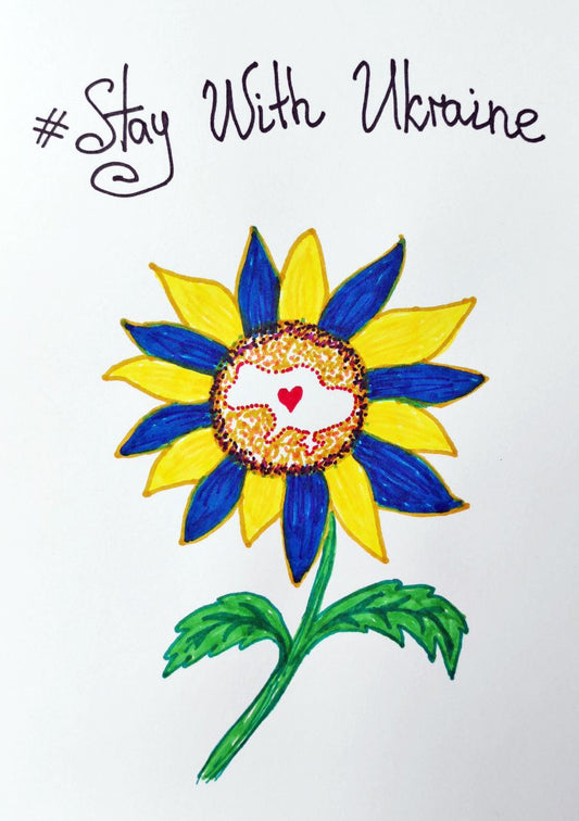 Stay with Ukraine Ukrainian people Sunflower drawing of a small child